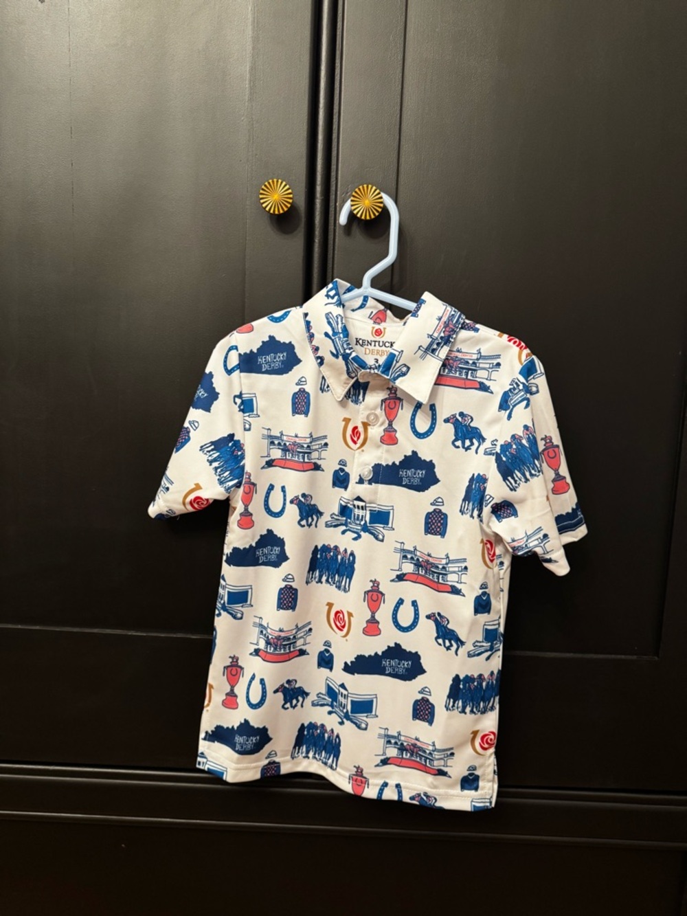 Kentucky Derby Kids White Polo Shirt with Blue & pink Print